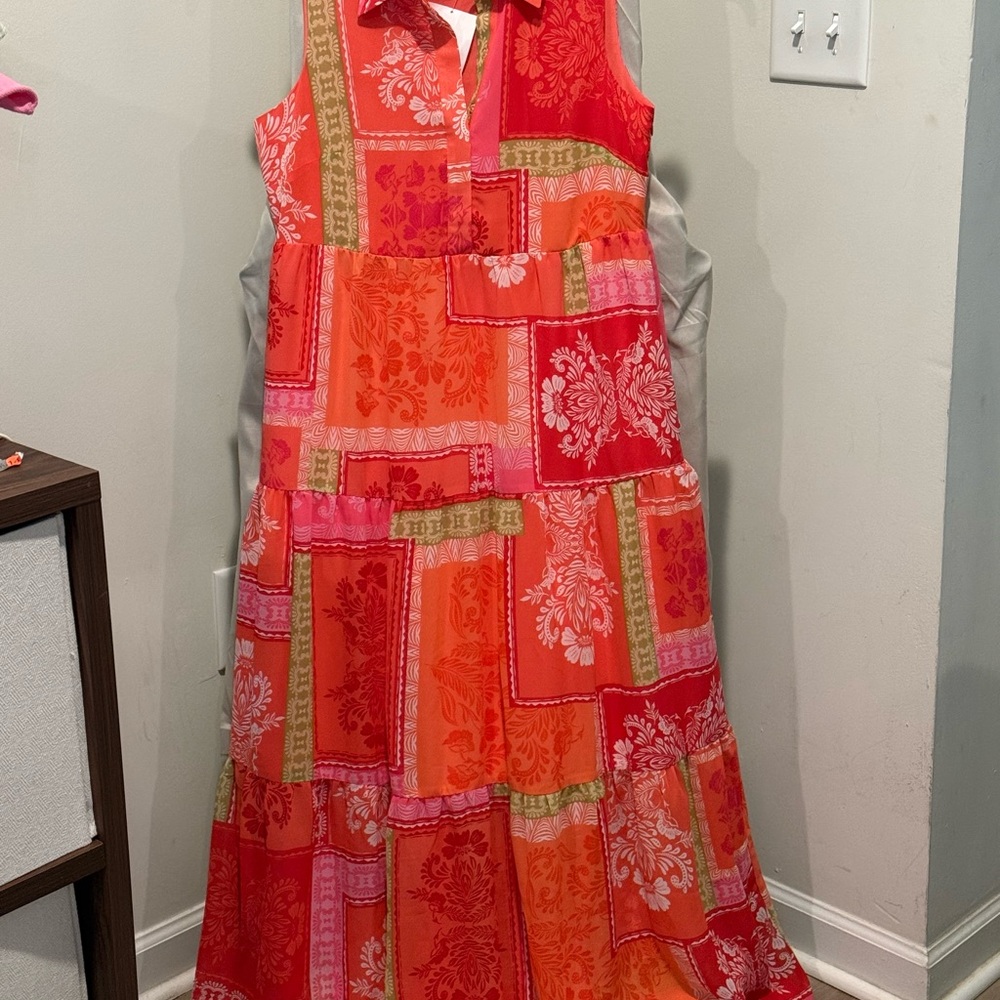 Jessica Howard Red and Orange Sleeveless Polo Collar Sundress